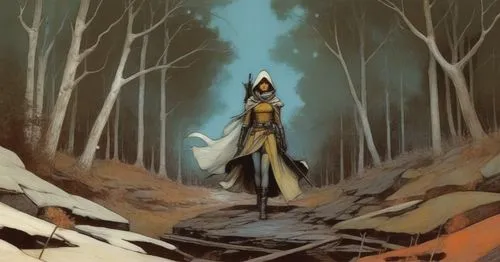 a painting shows a woman walking in the woods with a white cloak,archaia,dawnstar,mirkwood,dargaud,huntress,the wanderer,runemaster,shadowgate,melkor,thingol,elric,fantomex,magik,ribic,transistor,cloa