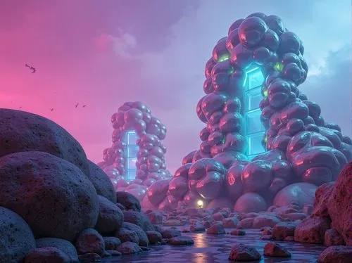 mushroom landscape,futuristic landscape,alien world,mushroom island,alien planet,fractal environment,biospheres,terraforming,mandelbulb,virtual landscape,graecorum,coral reef,fairy chimney,extrasolar,3d fantasy,3d render,biome,terraformer,cyberia,biofilm