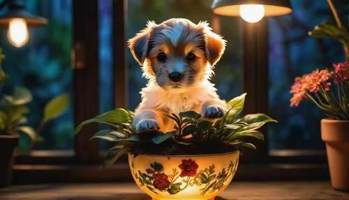 potted plant,flowerpot,flower pot,plant pot,potted flowers,cute puppy,Photography,Artistic Photography,Artistic Photography 02