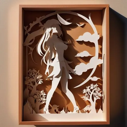 Woman, young, Asian, long hair, dreamy look, light brown eyes, serious face, sexy, athletic lingerie, sunny day,paper art,silhouette art,shadowbox,floral silhouette frame,paper cutting background,wood