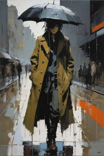 rainwear,raincoat,man with umbrella,walking in the rain,pedestrian,overcoat,vettriano,raincoats,bischoff,shinkawa,sorescu,martindell,light rain,overcoats,impermeable,pluie,trenchcoat,rainfall,a pedestrian,brubaker,Conceptual Art,Fantasy,Fantasy 10