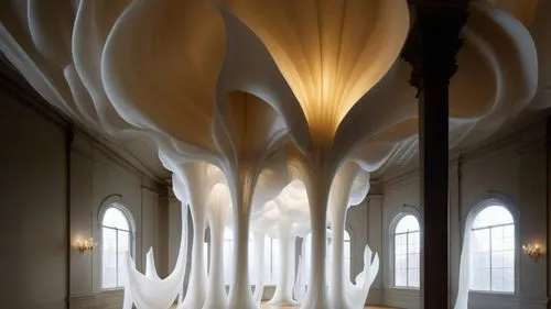 A stunning large-scale installation art piece, inspired by the organic forms of nature and resembling an architectural cloud in shape, with slender trunk columns and crownlike shapes,  crafted from tr