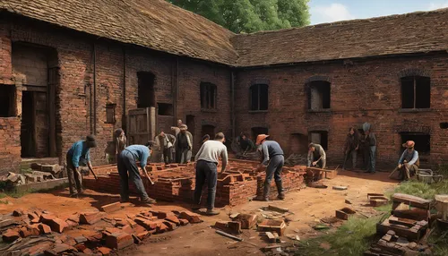 brick-making,castle iron market,brick-kiln,brick-laying,blacksmith,the production of the beer,roman excavation,workhouse,forced labour,medieval market,shoemaking,excavation site,excavation work,stables,archaeological dig,clay house,dutch mill,mud village,foundry,bricklayer,Art,Classical Oil Painting,Classical Oil Painting 13