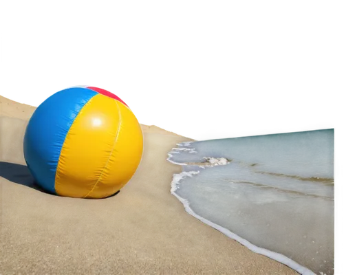 Beach ball, yellow and blue panels, inflated, shiny surface, slight wrinkles, lying on sand, morning sunlight, soft shadows, 3/4 composition, warm color tone, shallow depth of field, low angle shot, c