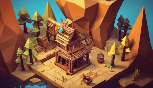 mountain settlement,house in the forest,wooden mockup,treehouse,small house,wooden houses,isometric,low poly,wooden hut,tree house,small cabin,little house,log cabin,log home,miniature house,cliff dwelling,hanging houses,low-poly,wooden house,ancient house,Unique,3D,Low Poly