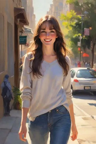 woman walking,girl walking away,a girl's smile,sunglasses,smiling,more radiant,walking,radiant,killer smile,pedestrian,strolling,a pedestrian,adorable,hollywood actress,grin,on the street,tiffany,with glasses,a smile,pretty woman,Digital Art,Impressionism