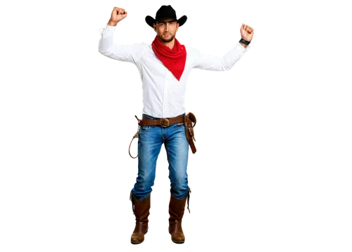 Cowboy, free spirit, rugged, wild west, worn leather boots, faded denim jeans, white shirt with rolled-up sleeves, cowboy hat, bandana, lasso rope, horse riding, dynamic pose, jumping over obstacle, d