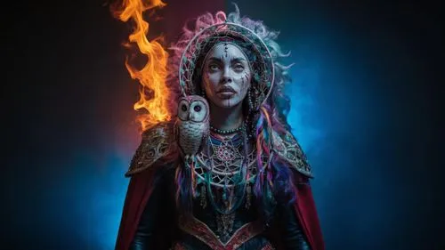 the enchantress,fire artist,sorceress,fire dancer,shaman,voodoo woman,priestess,medusa,jaya,fantasy portrait,shamanic,undead warlock,medusa gorgon,fire background,fire siren,fire-eater,elven,fire angel,shamanism,the witch