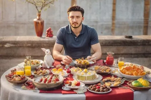 front view of a man, sitting at table, delicious Easter brunch, outdoor celebration, red tablecloth, wearing polo tee, casual brunch attire, colourful dishes of easter food, perfect food, small easter