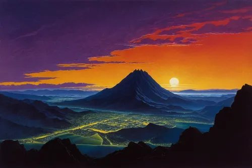 volcanic landscape,mountain sunrise,fire mountain,volcano,mountain scene,mountain landscape,stratovolcano,krafla volcano,mountainous landscape,volcanism,volcanos,lava dome,the volcano,the volcano avachinsky,volcanoes,camel peak,gorely volcano,mountain,mountain world,volcanic field,Conceptual Art,Sci-Fi,Sci-Fi 16