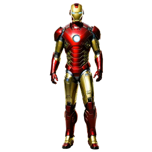 Iron Man, Tony Stark, solo, metallic red and gold armor, repulsor glowing, helmet with golden faceplate, muscular physique, standing pose, confident expression, cityscape background removed, cinematic