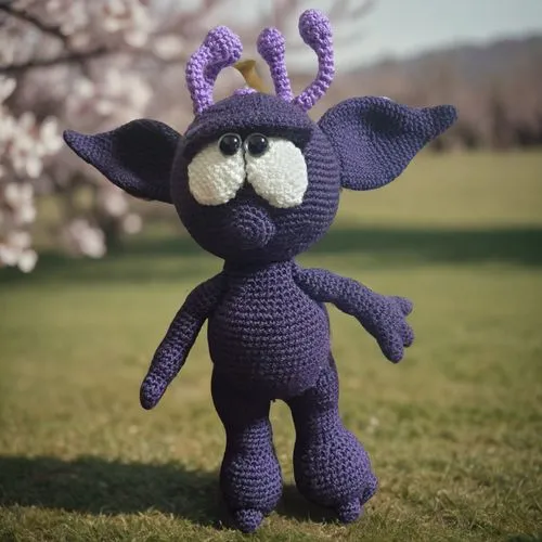 standing in a fild. grass all around,a crochet purple creature is standing in the grass,felt burdock,tinky,jarusombat,celebi,alakazam,beulah