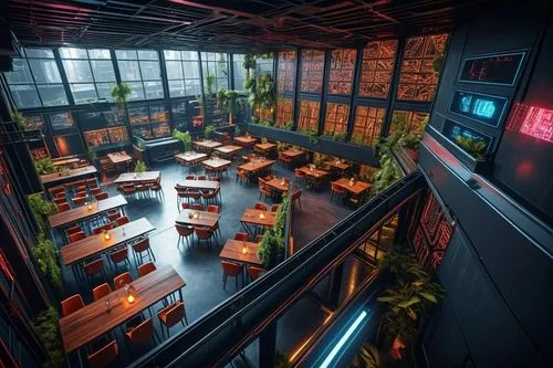 a gloom steakhouse with a cyber futuristic style that has a few vertical metalic sun louvres dividing among the tables to give some privacy to the patrons. A few plants hang in pots from the ceiling w