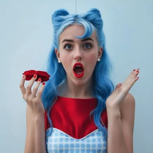  uma moça de cabelos azul, moça admirada, moça surpreendida, vestido vermelho estampado com bolinhas brancas,  arte em  foto realista.,a lady with blue hair wearing a top and ring making faces,blue ha