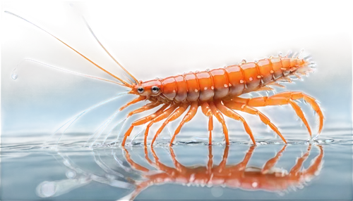 Freshwater prawn, detailed shell, vibrant orange, white belly, long antennae, multiple legs, swimming pose, transparent water droplets, soft focus, 3/4 composition, warm lighting, shallow depth of fie