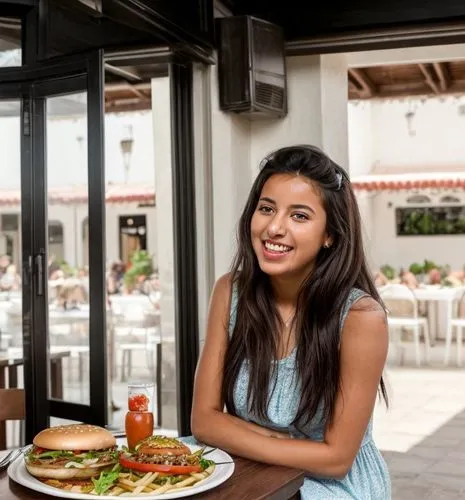 The Moroccan girl is sitting with friends in a restaurant in front of a table with plates of hamburger, fries and vegetables on it.  She wears a light summer dress.  Laughing and talking with friends.