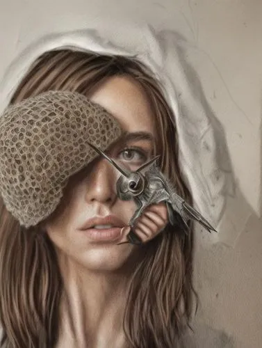 a close up of a person with a piece of scissors,bird box,woman thinking,donsky,see no evil,blindfold,blindfolds,Common,Common,Natural