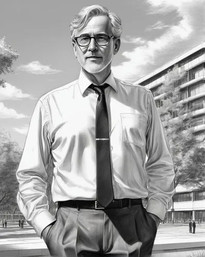 Middle-aged male, architecture professor, bespectacled, grey hair, white shirt, black tie, black trousers, leather shoes, standing, lecturing, university campus, modern buildings, greenery, sunny day,