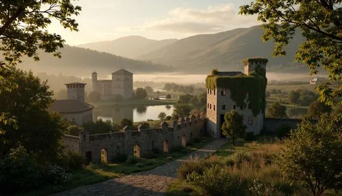 Rustic watchtowers, medieval stone walls, ivy-clad towers, misty valleys, rolling hills, serene lakeside, tranquil atmosphere, warm golden lighting, soft focus, shallow depth of field, 2/3 composition