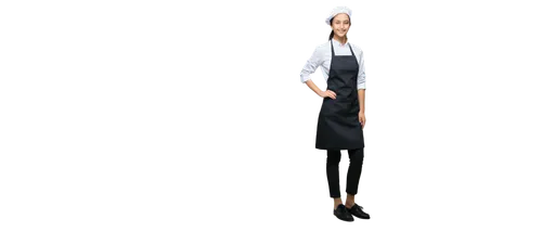 Female chef silhouette, standing pose, white hat, ponytail hair, minimal makeup, apron with utensils, chef's coat, black pants, comfortable shoes, kitchen background implied, soft lighting, 3/4 compos