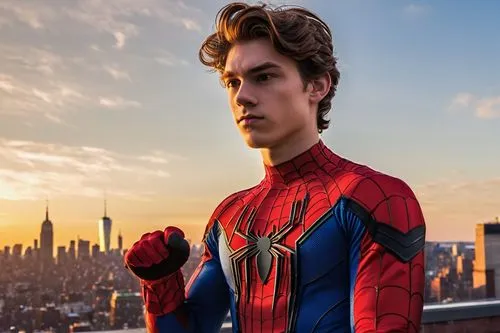 Spider-Man OC, male teenager, athletic build, red and blue costume, web-slinging gloves, messy brown hair, bright expressive eyes, determined facial expression, standing heroically, city rooftop, New 