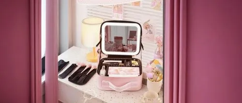 professional background pink and with a nice view,door mirror,dressing table,beauty room,doll looking in mirror,magic mirror,shopwindow,in the mirror,phone booth,exterior mirror,outside mirror,room do