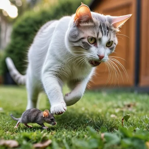 cat and mouse,cats playing,pounce,tom and jerry,feral cat,animals hunting,on the hunt,predation,to hunt,garden pest,field mouse,mouse,wild cat,white footed mouse,american bobtail,animal training,attack,white footed mice,rodents,home pet,Photography,General,Realistic