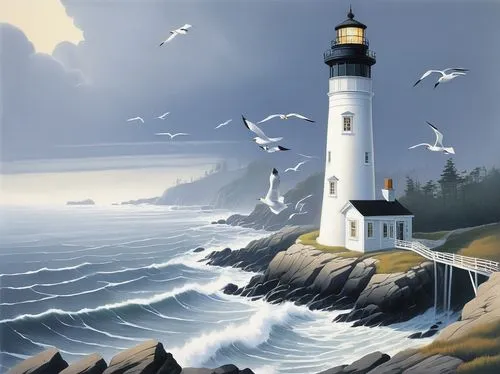 lighthouses,lighthouse,light house,electric lighthouse,phare,petit minou lighthouse,light station,lightkeeper,point lighthouse torch,lightkeepers,crisp point lighthouse,lambrook,northeaster,wyland,world digital painting,pigeon point,burchfield,sea gulls,seagulls flock,gulls,Illustration,Black and White,Black and White 22