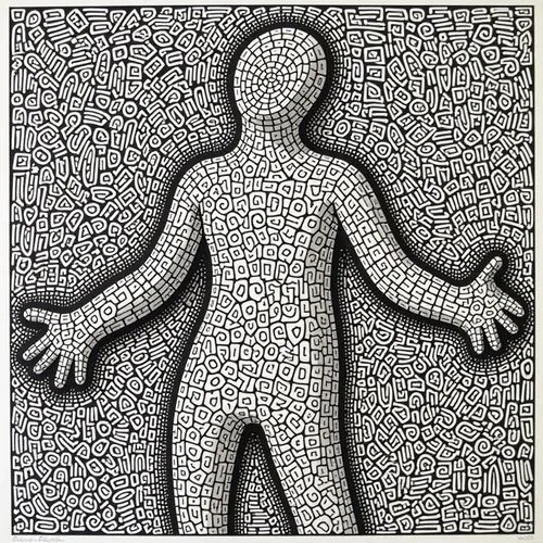 zentangle by keith haring,a drawing that looks like a man with his arms spread out,phleger,gormley,keith haring,mosaicism,phlegm,kusama