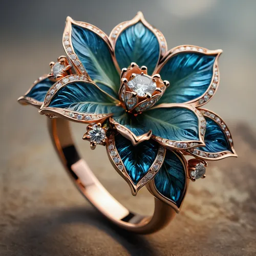 Jewelry design, a ring with bright rose-cut blue diamonds, surrounded by small lily-of-the-valley flower-shaped diamonds, golden stems form the ring of the ring.  The center of the base is a beautiful