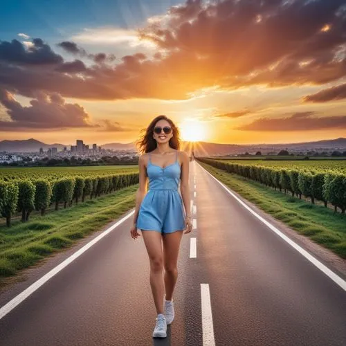 a woman standing on the beach wearing glasses,woman walking,girl walking away,open road,vineyard road,long road,asphalt road