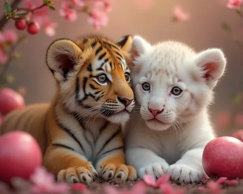 photorealistic, lion and tiger portrait, pink flowers, apple tree, soft focus, bokeh, natural light, baby tiger and white baby lion, amber eyes,two white tigers lying next to each other with pink eggs