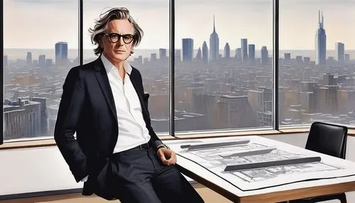 Modern architectural design forum, interior designer, middle-aged man, bespectacled, stylishly messy hair, formal wear, blazer, white shirt, dark trousers, leather shoes, holding tablet, pointing, spe