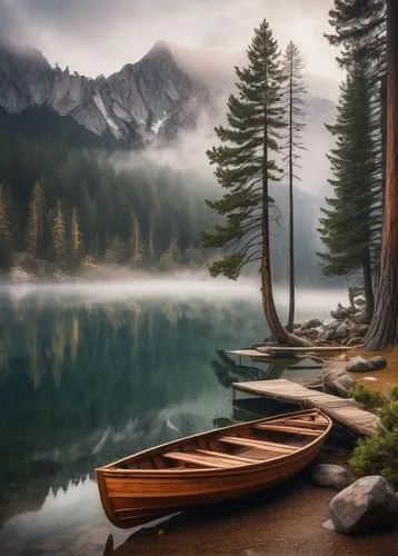 boat landscape,beautiful lake,wooden boat,calm water,landscape background,calm waters,tranquility,canoes,fantasy landscape,mountain lake,emerald lake,mountainlake,canoeing,canoe,wooden boats,heaven lake,nature landscape,beautiful landscape,rowboats,alpine lake,Illustration,Paper based,Paper Based 06