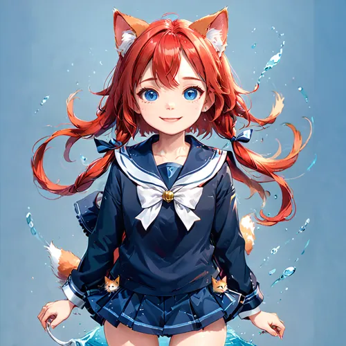 calico cat,cat ears,honoka,watery heart,calico,nami,nyan,kat,koi,water splash,colorful water,cute fox,dhole,hinata,fox in the rain,red-haired,in water,kitty,cat child,water splashes,Anime,Anime,General