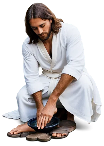 Jesus Christ, bearded, long hair, white robe, barefoot, kneeling, gentle hands, water basin, disciple's foot, worn sandals, humble servant, warm lighting, soft focus, cinematic composition, shallow de