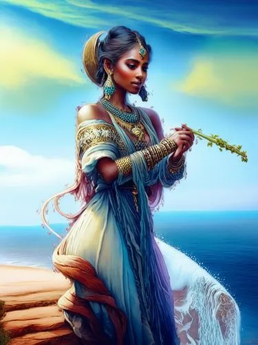 a painting of a woman wearing a beautiful blue dress and holding flowers,saraswati,inanna,violin woman,thyagaraja,woman playing violin,bansuri,Illustration,Realistic Fantasy,Realistic Fantasy 15