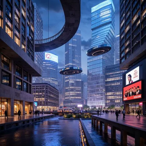 Futuristic fusion design, neon-lit cityscape, towering skyscrapers, curved metallic structures, glowing LED lights, holographic advertisements, levitating transportation pods, elevated walkways, trans