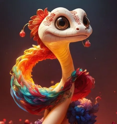 蜷曲的身軀,an illustrated animal with a very colorful body,alebrije,pasquel,noodle image,panchito,serpiente,mushu