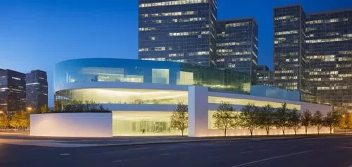 white tile, modern, multi-story, office building,  glass, and silver aluminum glazing, glass with reflections, major cityscape, surrounded by other buildings, with multiple people walking on the sidew