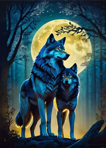 Wolf couple, romantic, night, full moon, forest, misty atmosphere, mystical aura, detailed fur texture, piercing yellow eyes, sharp canine teeth, strong muscular build, gentle loving gaze, tender embr