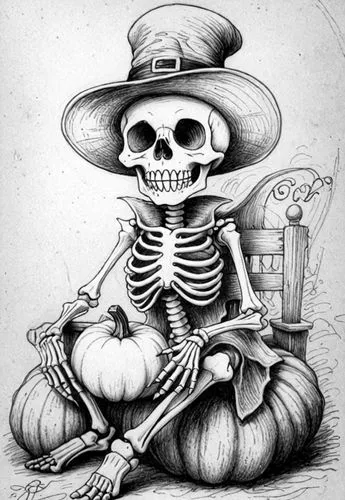 : Design Sketch-Rough Outline ,a skeleton with a hat is sitting on a pumpkin,la catrina,vintage skeleton,la calavera catrina,day of the dead skeleton,dia de los muertos,calavera,Design Sketch,Design S