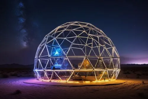 Nomadic, futuristic, mobile architecture, dome-shaped, metallic structure, reflective surface, neon lights, LED strips, holographic projections, levitating modules, transparent glass panels, steel fra