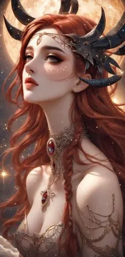 裸體在漫漫星空宇宙,an illustration of a woman with long red hair,mervat,lilith,demoness,fantasy art,fantasy woman,sorceress