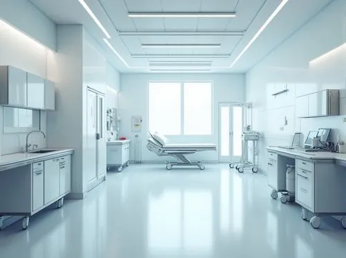 Modern hospital interior design, sterile atmosphere, plastic materials, white walls, polished floors, various medical equipment, sleek lines, minimal decorations, futuristic ambiance, spotlights, soft