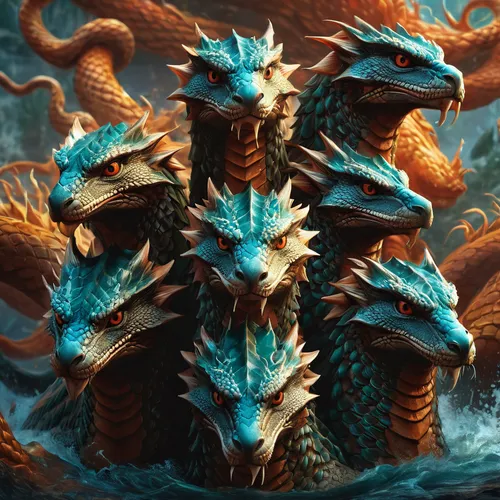 5 heads Hydra, Concept, 8k resolution, drawn by artist Amanda Conner, Artgerm, WLOP,  intricately detailed Splash art, oil painting,painted dragon,dragons,wyrm,dragon design,dragon,dragon li,hatchling