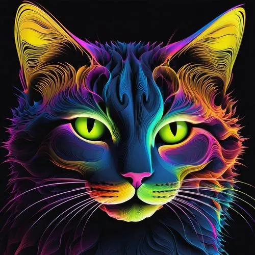 cat vector,neon body painting,cat image,black light,feline,animal feline,cat,colorful background,cartoon cat,breed cat,intense colours,cat on a blue background,felidae,drawing cat,uv,cat's eyes,adobe illustrator,vector graphic,the cat,rainbow background,Conceptual Art,Fantasy,Fantasy 02