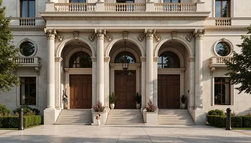 Grandiose building facade, ornate columns, intricately carved details, symmetrical composition, classical proportions, limestone or marble materials, subtle color palette, soft natural light, warm aft