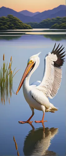 white pelican,great white pelican,eastern white pelican,dalmatian pelican,great white pelicans,fujian white crane,great white egret,egret,great egret,pelican,white egret,bird painting,eastern great egret,white heron,wading bird,great heron,aquatic bird,waterbird,coastal bird,migratory bird,Illustration,Japanese style,Japanese Style 12