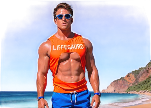 Lifesaver, lifeguard, standing, muscular man, athletic build, orange lifesaver vest, blue swim trunks, whistle around neck, sunglasses, messy short hair, strong facial features, heroic pose, beach bac